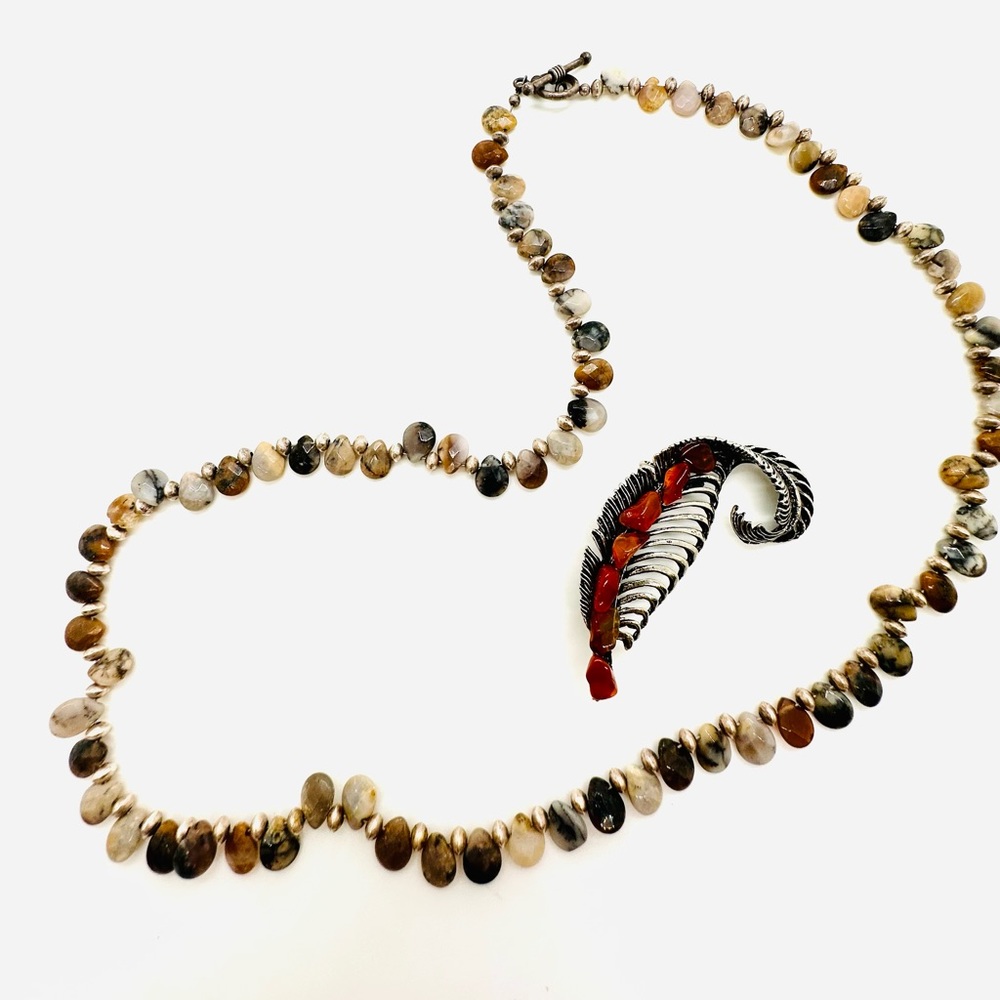 Vintage Natural Stone Necklace & Feather brooch